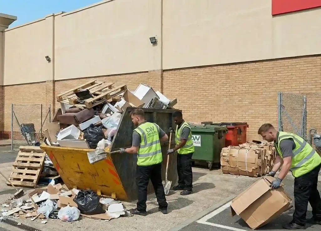A specialized removal team securing a large boat to a trailer for compliant transport and disposal.