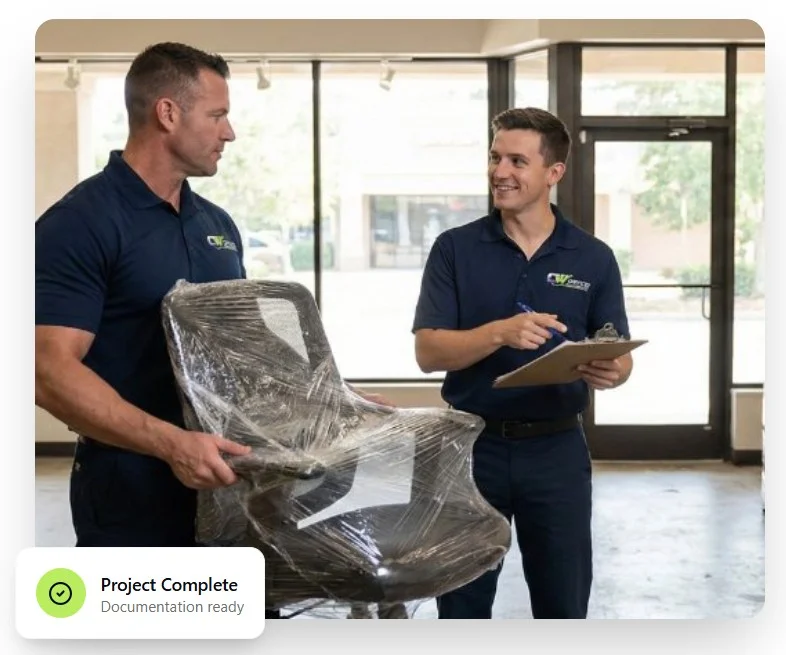 Two professionals reviewing a managed work order for a commercial furniture removal project.