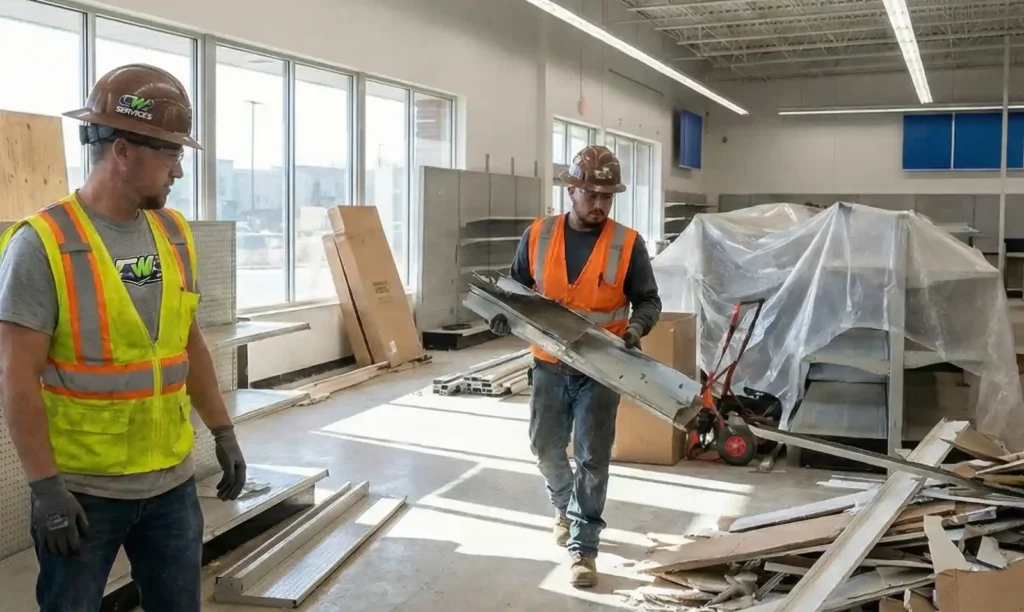 Commercial cleanout crew clearing overflowing debris, pallets, and cardboard from a retail waste area.