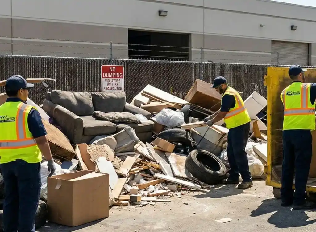 Illegal dumping cleanup crew removing bulky waste and debris from industrial site