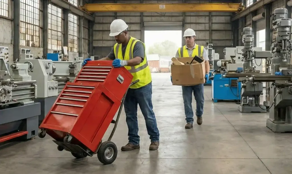Professional team in safety gear removing heavy tool chests and industrial equipment during a factory cleanout.