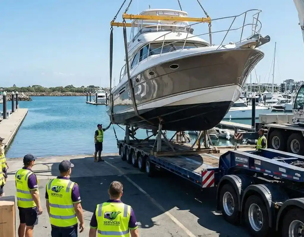 A specialty removal team using a crane to hoist a large boat onto a transport trailer for compliant disposal.