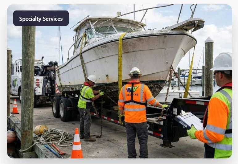Specialized removal team securing a large boat onto a trailer for compliant disposal.