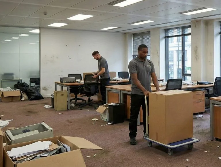 Two professional movers in grey polo shirts clearing out a cluttered office space, packing boxes, and using a dolly to move equipment.
